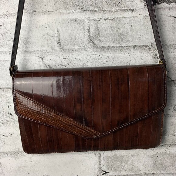 Vintage 80s Burgundy Eel Skin Shoulder Bag Crossbody Handbag Clutch Purse - Picture 4 of 16